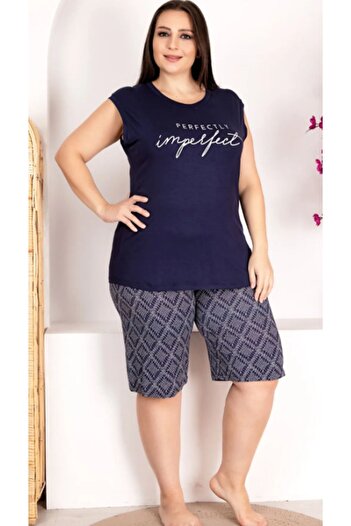 Cooqpoo Navy Blue Print 2Xl-3Xl-4Xl Size Sleeveless Shorts Suit