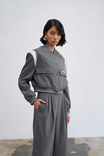 Quzu Gray Bomber Jacket - Elastic Waist and Large Pocket