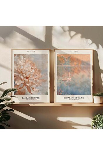 STARYUNA Pastel Colored Double Painting with Wooden Frame Flower Swan Yuna31