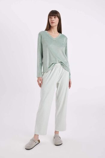 DeFacto Pajama Set V-Neck Velour Long Sleeve Top Striped Elastic Waist Bottom-Fall in Love A6205Ax24Au