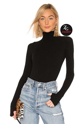 Zagrep Black Turtleneck Fingered Women's Bodysuit
