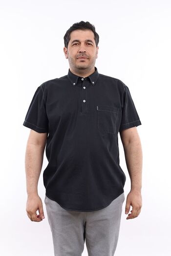 TOUSUS Men's Plus Size Half Placket Black Jeans Cotton Button Collar Pocket Short Sleeve Shirt KK-8030-TSS