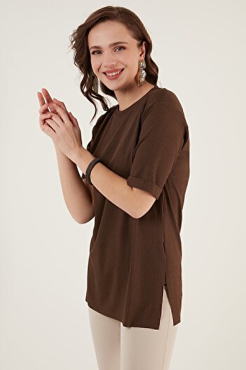 Lela Oversize Crew Neck Slit Detailed Blouse Blouse 5863683