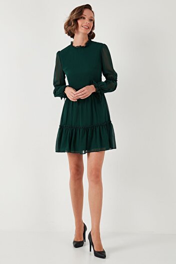 Lela Regular Fit Dik Yaka Büzgülü Astarlı Mini Elbise  ELBİSE 611EL345