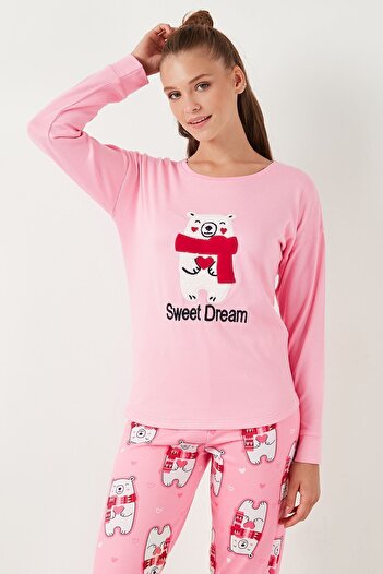 Lela Streç Standart Fit Bisiklet Yaka Desenli Pijama Takımı  PİJAMA TAKIMI 6095700