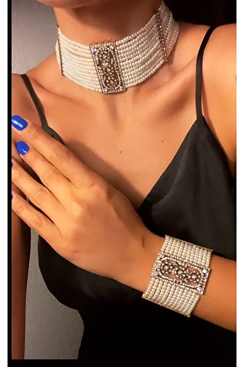 TMD AKSESUAR Antique Bronze Collar Necklace and Bracelet with Pearl Daisy Diamond Mounted Zircon Stone