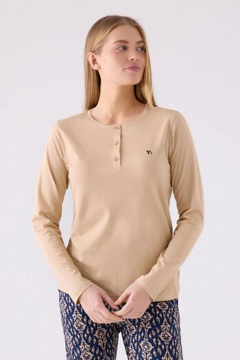 Arnetta Women's Beige Pajama Set - Three Buttons, Long Sleeve (Large Size)