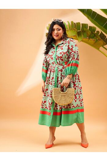 Sassafras By Styli Plus Floral Print Belted Shirt Midi Dress