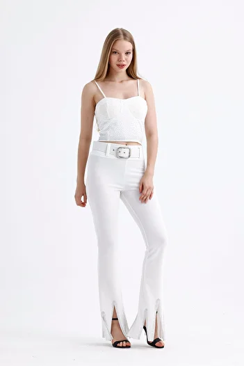Sense White Belted Stone Detailed Evening Dress Trousers - Pnt35061
