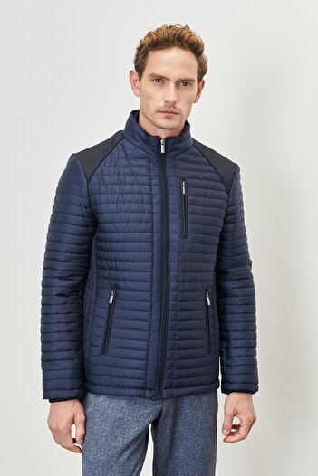 ALTINYILDIZ CLASSICS Men's Navy Blue Standard Fit Normal Cut Stand Collar Shoulder Detailed Winter Coat