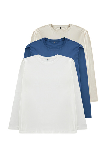 Trendyol Collection Plus Size 3 Pack - Stone, Ecru, Indigo Slim Fit Crew Neck 100% Cotton T-Shirt Tmnaw25Bf00002