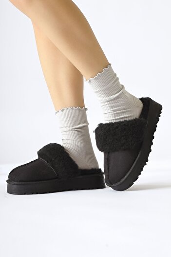 Limoya Anne-margrete Μαύρες Suede Faux Fur Λεπτομερείς Παντόφλες Γυναικείες Παντόφλες