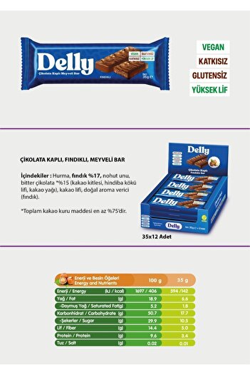 Delly 12 Adet Çikolata Kaplı - Fındıklı Meyveli Bar 35g
