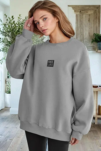 Millionaire Dark Gray Free Life Printed - 0 Crew Neck Oversize Fleece Sweatshirt