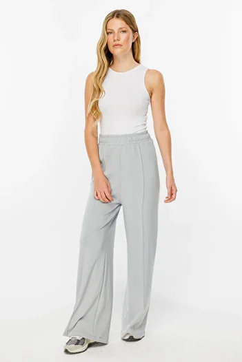 Hooopstore Gray Cotton Relaxed Fit Wide Leg Trousers