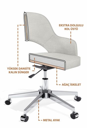 HAUSEBOX Sydney Peluş Kumaş - Tekerlekli Ofis Çalışma Koltuğu & Sandalyesi (EKRU - KROM METAL AYAK)