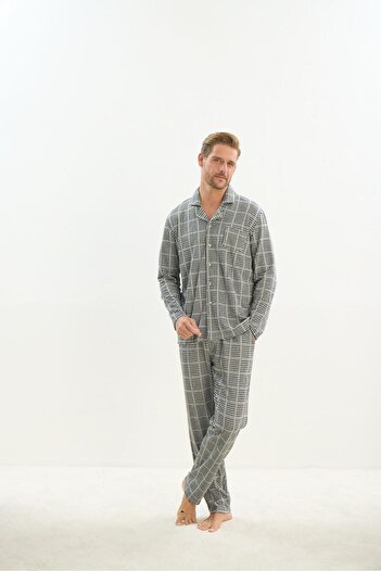 Sevim Erkek Uzun Kol Gömlek Yaka Önden Düğmeli Gri Pijama Takım C1T4N5O9