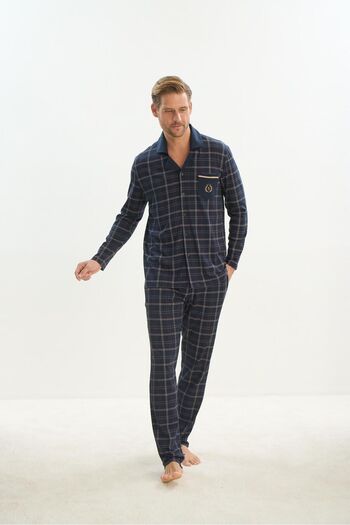 Sevim Σετ ανδρικές πιτζάμες Navy Blue - Μακρύ μανίκι, γιακάς πουκάμισου, μπροστινό κουμπί C5T3N5O9