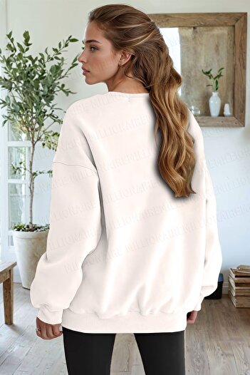 Millionaire Kadın Kırık Beyaz Basic 0 Sıfır Yaka Baskısız Düz Oversize Salaş Bol Kesim Polar Sweatshirt