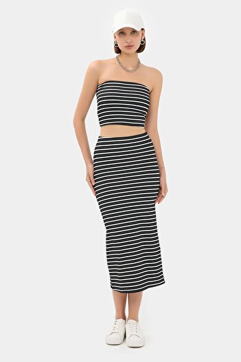Hiccup 2 Pieces: Striped Strapless Crop Top & Striped Mid Waist Midi Skirt