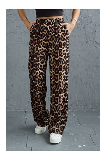 Elif Özbey Butik Leopard Patterned Elastic Waist Pants