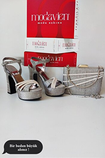 Modavien Women's Platinum Stoned Satin Shoes and Bag Combination (Buy Size Large)