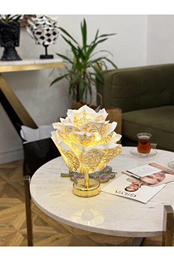 Maison Avf Gold Desen Eva Gül Tasarım Kablosuz Masa Lambası - Alt Parlak Gold