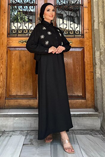 julude Hijab - Black Shirt Embroidered Double Set