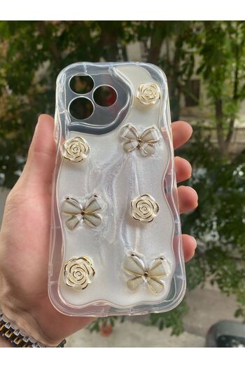 AQUA AKSESUAR Realme C53 Uyumlu Kılıf 5D Kabartmalı Kelebek Çiçek Desenli Kenarları Şeffaf Simli Işıltılı Kapak
