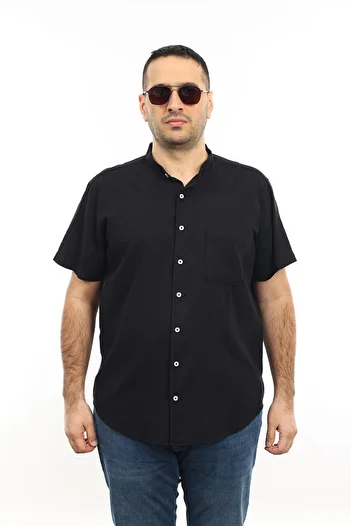 TOUSUS Men's Large Size Black Color Leaf Pattern Linen Prevailing Collar Pocket Short Sleeve Shirt KK-8007-TSS
