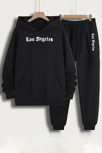 PENTHİLUS Los Angeles Printed Oversize Black Sweatshirt and Sweatpants Set