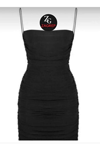 Zagrep Women's Black Draped Gathered Strap Lined Inner No-Show Zipper Mini Dress
