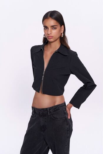 Quzu Zippered Slimfit Crop Shirt