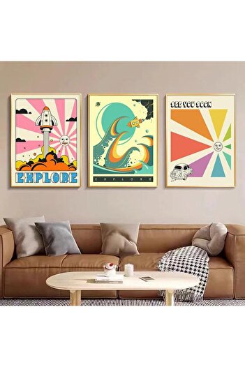 Linacci Set de pictură din sticlă retro, colorată, cu cadru metalic triplu auriu