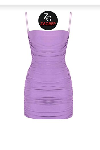 Zagrep Lilac Draped and Gathered Women's Mini Dress - Strappy and Lined, Zippered Design