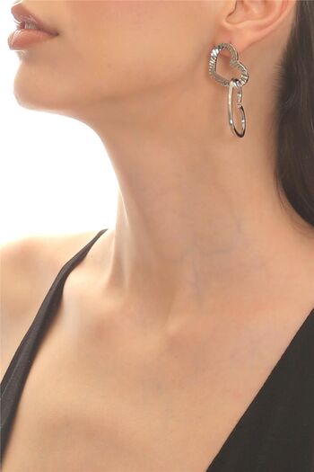 LABALABA Women's Silver Color Lacquer Plated Studded Model Double Heart Earrings