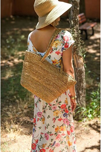 YUNUSOĞLU HOME 42 cm Zippered Straw Women's Bag - Beach, Hand and Shoulder Bag