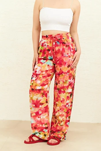 Curly Red Patterned Wide Leg Trousers