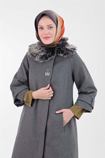 Armine Trend Yakası Kürklü Kaşe Kaban 22KT750 GRİ