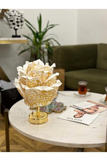 Maison Avf Gold Desen Eva Gül Tasarım Kablosuz Masa Lambası - Alt Parlak Gold