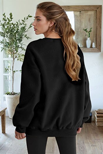 Millionaire Kadın Siyah Free Life Baskılı 0 Sıfır Yaka Oversize Salaş Bol Kesim Polar Sweatshirt