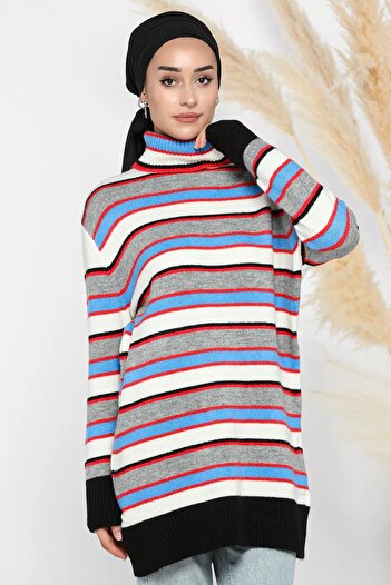 julude Full Turtleneck Gray Striped Winter Knitwear Tunic