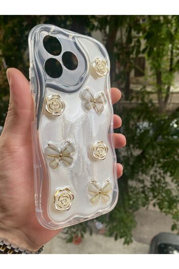 AQUA AKSESUAR Realme C53 Uyumlu Kılıf 5D Kabartmalı Kelebek Çiçek Desenli Kenarları Şeffaf Simli Işıltılı Kapak