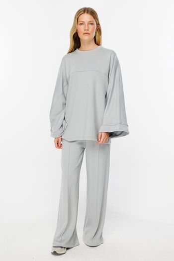 Hooopstore Gray Cotton Relaxed Fit Wide Leg Trousers