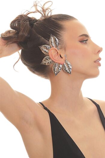 LABALABA Women's Silver Color Lacquer Plated Zircon Stone Textured Leaf Stylized Right Ear Earcuff & Cartilage Earring