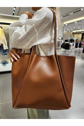 Mercan STORES Women's Tan Soft Leather Large Size Shopper Bag MC2001