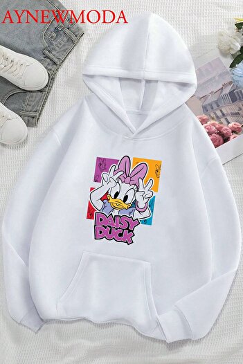 PENTHİLUS Φούτερ με κουκούλα DAISY DUCK με στάμπα στο μπροστινό μέρος, λευκό oversize