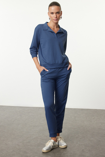 Trendyol Collection Trening damă tricotat subțire cu gât polo Indigo - Regular Fit TWOAW23EM00032