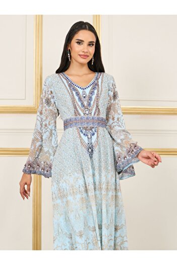 Maxim Creation By Styli Rhinestone Detail Digital Print Belted Jalabiya