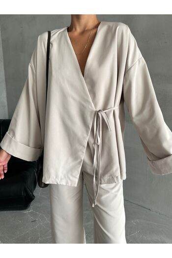 Laluvia Side Tied Stone Lisa Trousers Set - 033